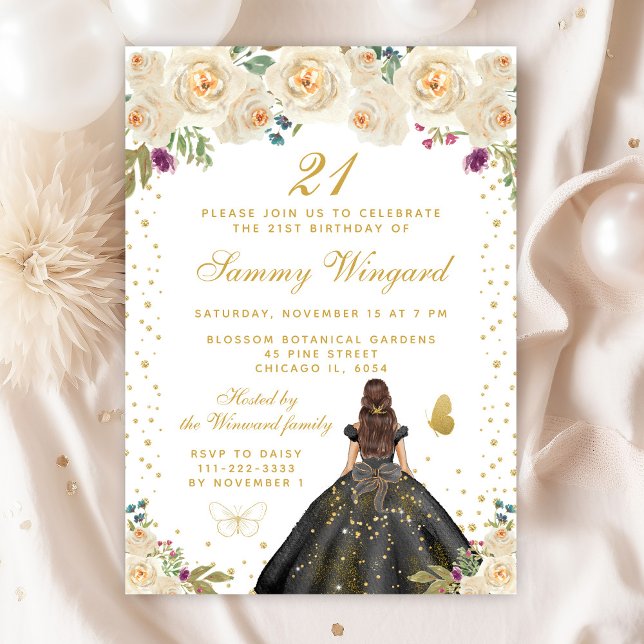 Cream Floral Brunette Hair Princess Birthday Party Invitation (Creator Uploaded)