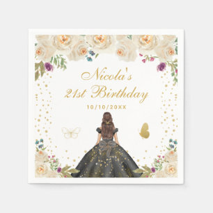Cream Floral Brunette Hair Princess Birthday Party Napkin