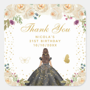 Cream Floral Brunette Hair Princess Birthday Party Square Sticker