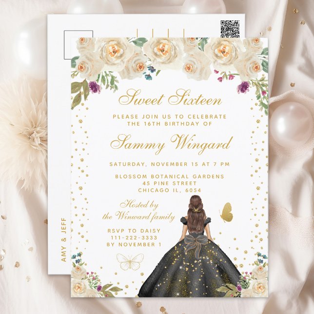 Cream Floral Brunette Hair Princess Sweet Sixteen Postcard (Creator Uploaded)