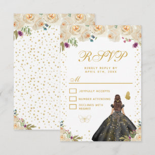 Cream Floral Brunette Hair Princess Sweet Sixteen RSVP Card