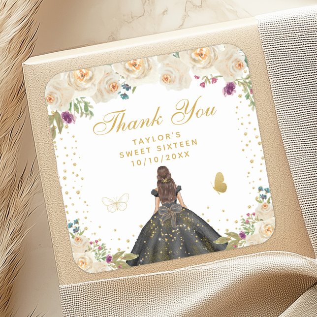 Cream Floral Brunette Hair Princess Sweet Sixteen Square Sticker (Creator Uploaded)