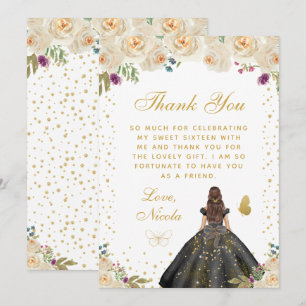 Cream Floral Brunette Hair Princess Sweet Sixteen Thank You Card