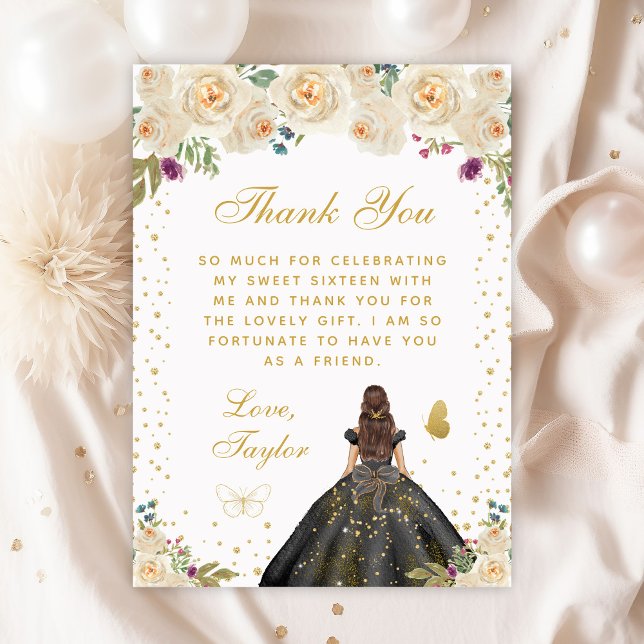 Cream Floral Brunette Hair Princess Sweet Sixteen Thank You Card (Creator Uploaded)