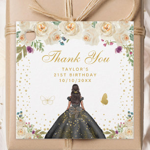 Cream Floral Dark Skin Girl Birthday Party Favour Tags