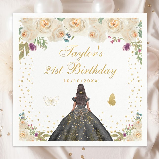 Cream Floral Dark Skin Girl Birthday Party Napkin (Creator Uploaded)