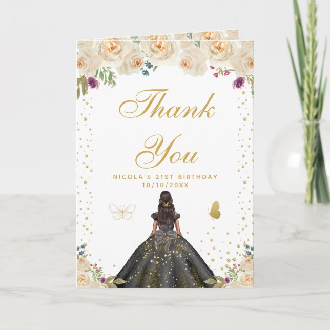 Cream Floral Dark Skin Girl Birthday Thank You Card (Front)