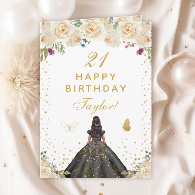 Cream Floral Dark Skin Girl Happy Birthday Card (Creator Uploaded)