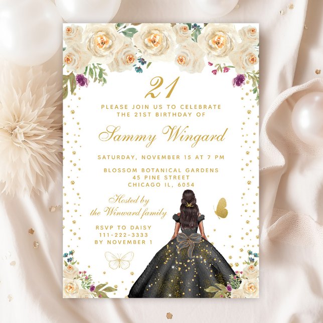 Cream Floral Dark Skin Princess Birthday Party Invitation (Creator Uploaded)