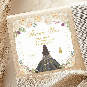 Cream Floral Dark Skin Princess Birthday Party Square Sticker