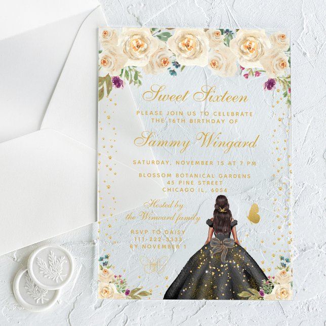 Cream Floral Dark Skin Princess Sweet Sixteen Acrylic Invitations (Creator Uploaded)