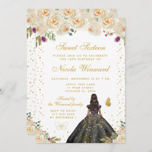 Cream Floral Dark Skin Princess Sweet Sixteen Invitation
