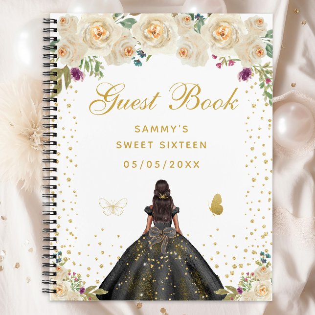 Cream Floral Dark Skin Princess Sweet Sixteen Notebook (Creator Uploaded)