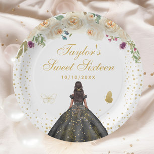 Cream Floral Dark Skin Princess Sweet Sixteen Paper Plate