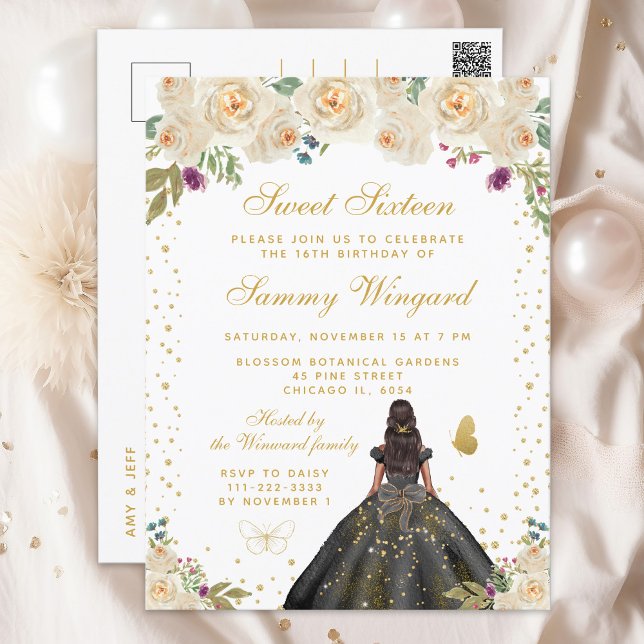 Cream Floral Dark Skin Princess Sweet Sixteen Postcard (Creator Uploaded)