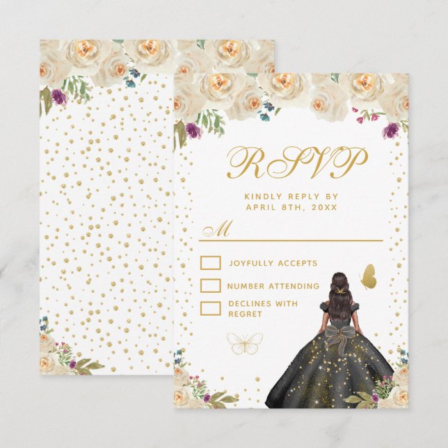 Cream Floral Dark Skin Princess Sweet Sixteen RSVP Card (Front/Back)