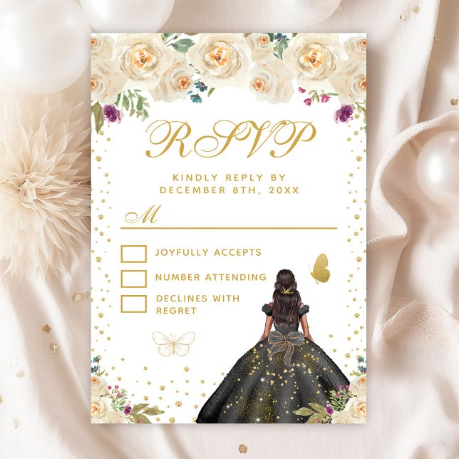 Cream Floral Dark Skin Princess Sweet Sixteen RSVP Card (Creator Uploaded)