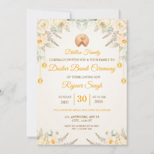 Cream Floral Dastar Bandi Ceremony Invitation