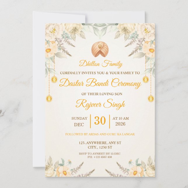Cream Floral Dastar Bandi Ceremony Invitation (Front)