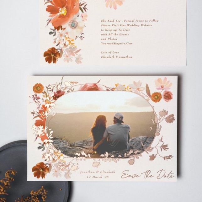 Cream Floral Frame Photo Save The Date Rose (Creator Uploaded)