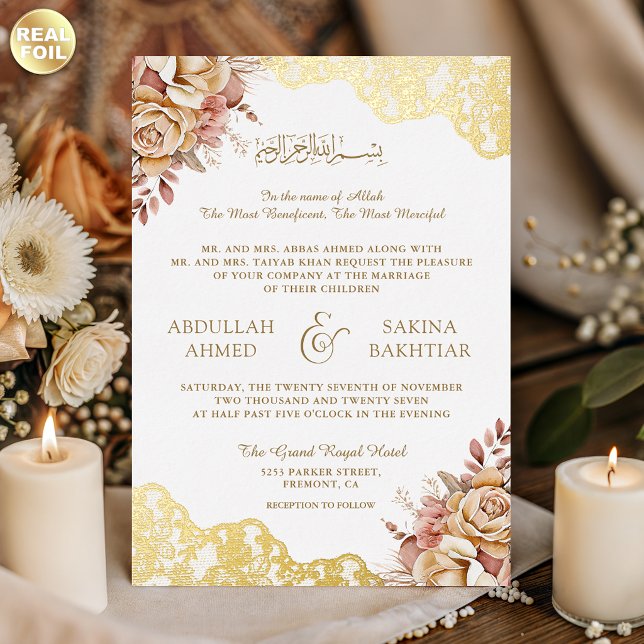 Cream Floral Gold Lace QR Code Muslim Wedding (Creator Uploaded)