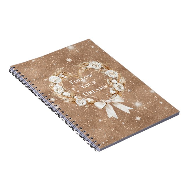 Cream Floral Heart Wreath Brown Glitter Notebook (Right Side)