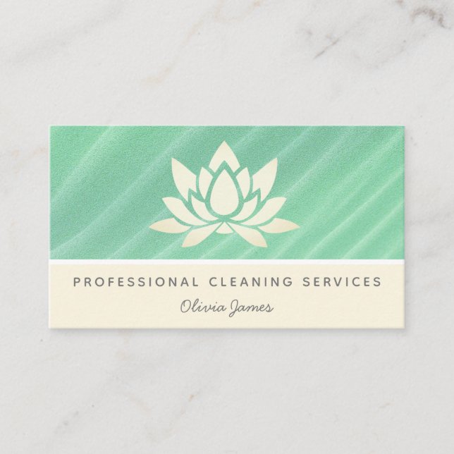 Cream floral lotus flower green cleaning service business card (Front)