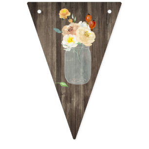 Cream Floral Mason Jar Woodgrain Country Wedding Bunting