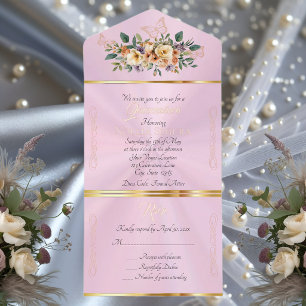 Cream Floral on Pastel Quinceanera - Pink All In One Invitation