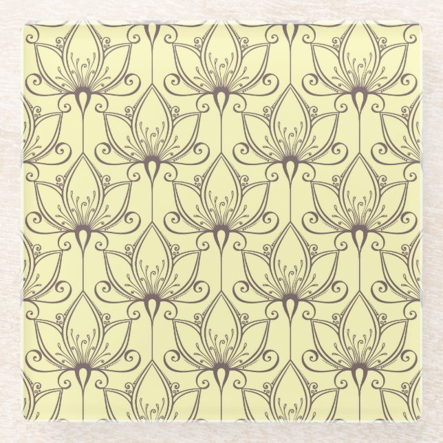 Cream Floral Pattern Glass Coaster (Front)