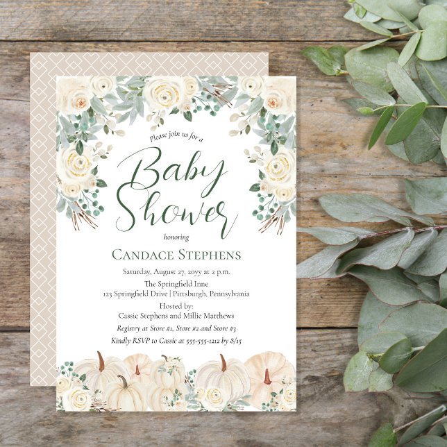 Cream Floral | Pumpkins Fall | Autumn Baby Shower Invitation (Beautiful gender neutral forest and sage green with cream-colored pumpkins and florals "Baby Shower")