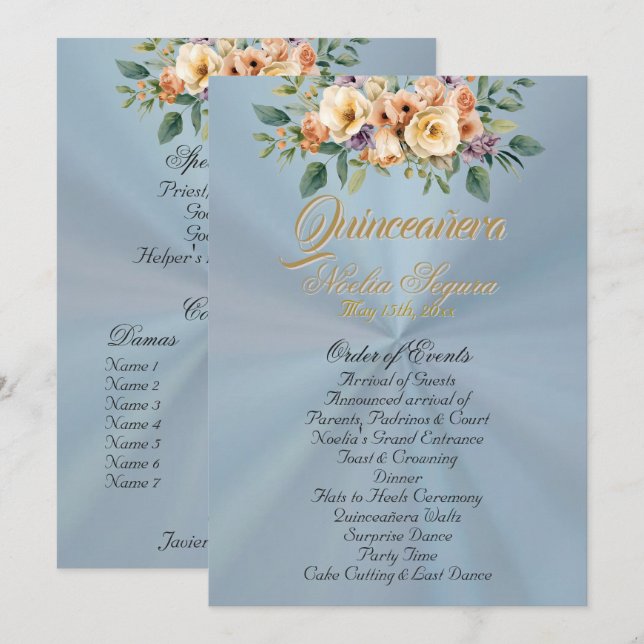 Cream Floral Quinceanera Program - Pastel Blue Programme (Front/Back)