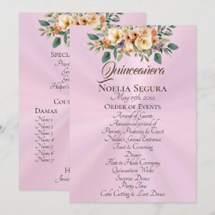 Cream Floral Quinceanera Program - Pastel Pink Programme