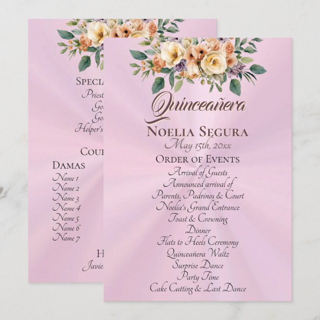 Cream Floral Quinceanera Program - Pastel Pink Programme (Front/Back)