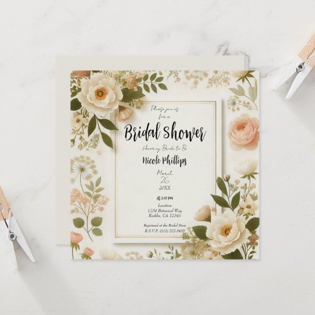Cream Floral Square Minimal Elegant Bridal Shower Invitation (Front/Back In Situ)