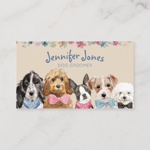 Cream Floral Watercolor Dog Breeds Dog Groomer Business Card