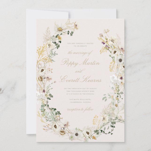 Cream Floral Wildflower Poppy Wedding Invitation (Front)