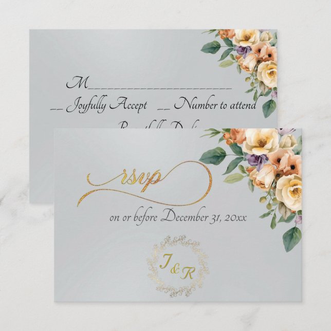 Cream Floral & Wreath - Silver RSVP Card (Front/Back)