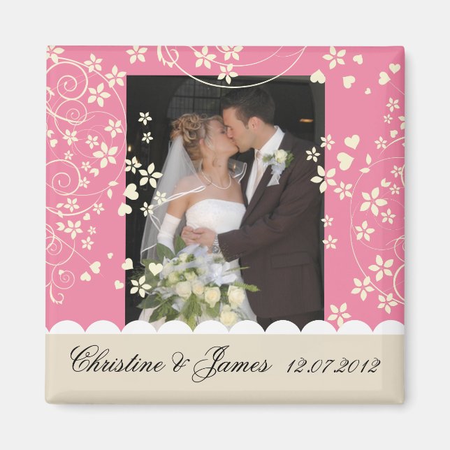 Cream florals on pink magnet, with your photo magnet (Front)