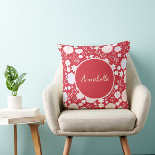 CREAM FLOWER BOUQUET FLORAL PATTERN RED WITH TEXT CUSHION