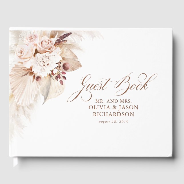 Cream Flowers and Pampas Grass Wedding Guest Book (Front)