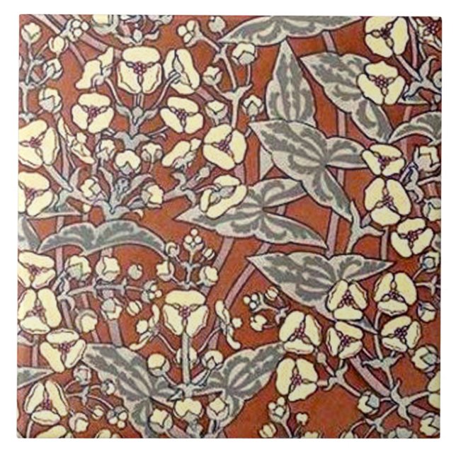 cream flowers brown background print tile (Front)