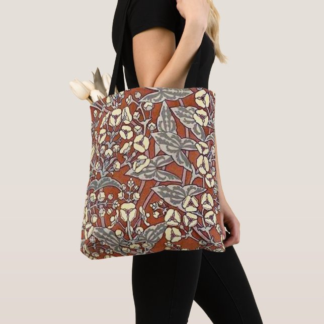 cream flowers brown background print tote bag (Close Up)
