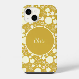 CREAM FLOWERS FEMININE GOLD FLORAL PATTERN NAME iPhone 14 CASE