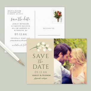 Cream Flowers Green Wedding Photo Save the Date Announcement Postcard