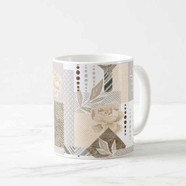 Cream flowers on white coffee mug (Front Right)