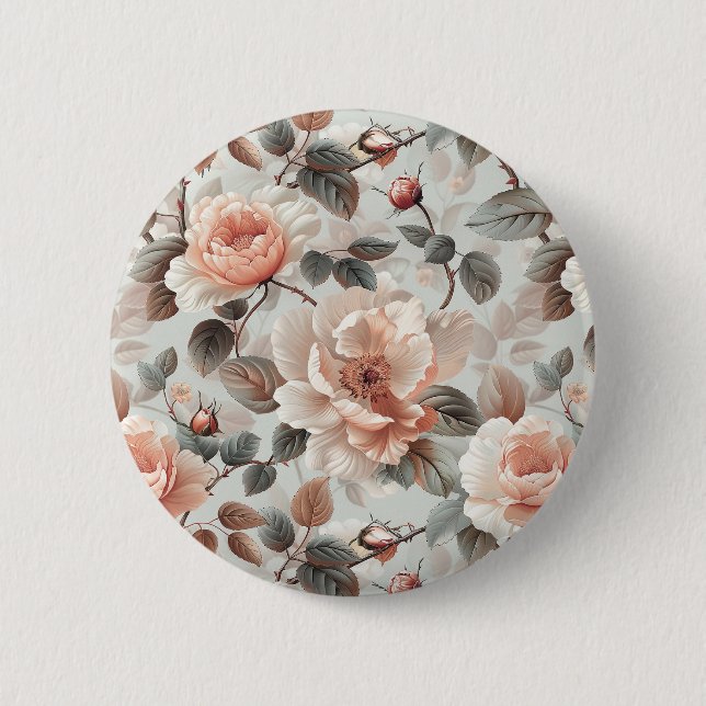 Cream flowers with grey leaves on a light grey  6 cm round badge (Front)