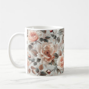 Cream flowers with grey leaves on a light grey coffee mug