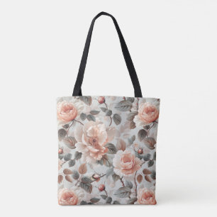 Cream flowers with grey leaves on a light grey tote bag