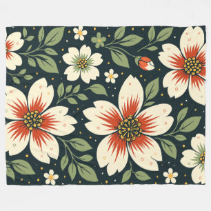 Cream Flowers with Red Centers & Green Leaves Fleece Blanket